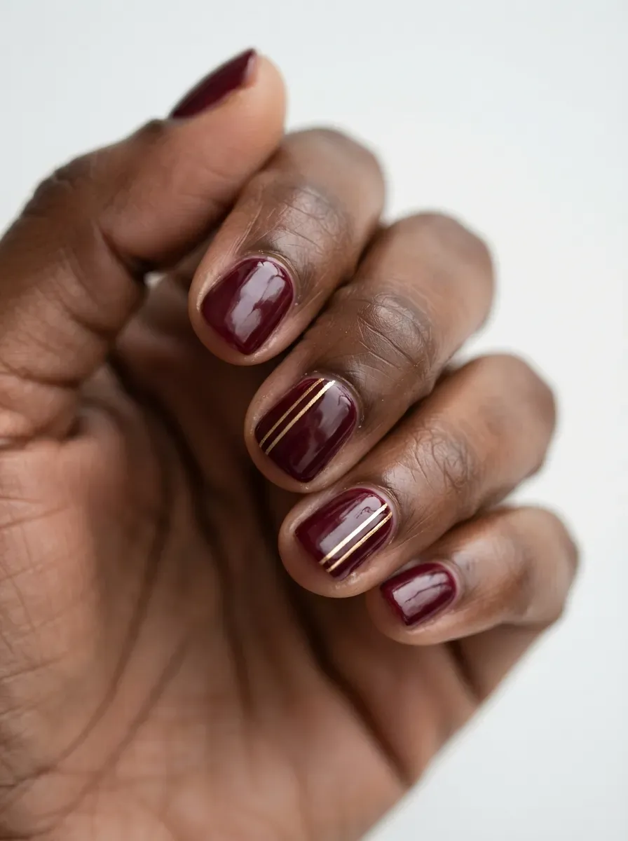 Short rounded nails with burgundy polish and fine gold accent lines