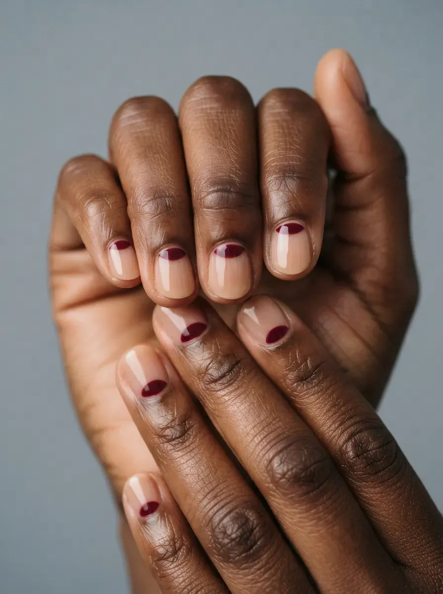 Short rounded nails with burgundy half moons over sheer nude polish