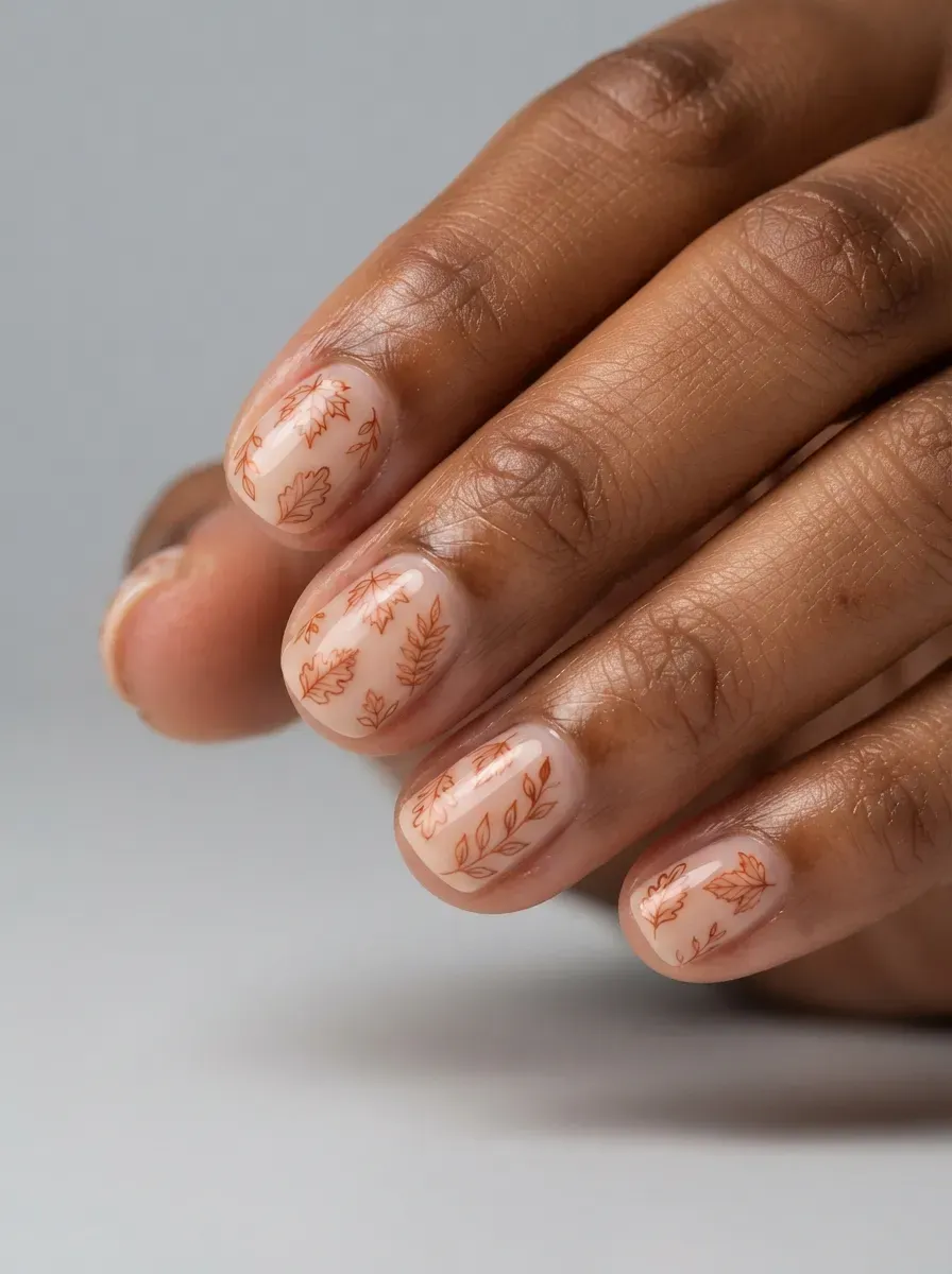 Short rounded nails with burnt orange leaf outlines over nude polish