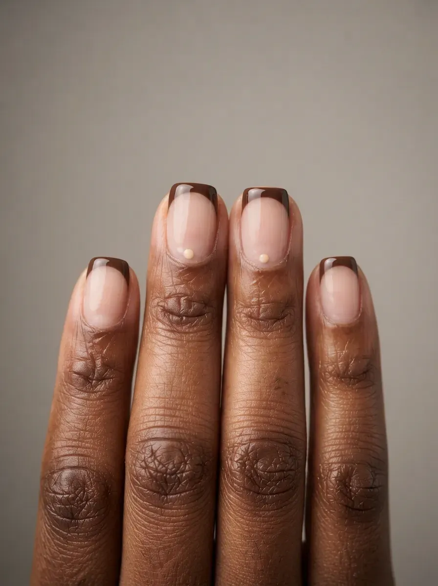 Short almond nails with burnt sienna chrome accent nails on deep chestnut skin