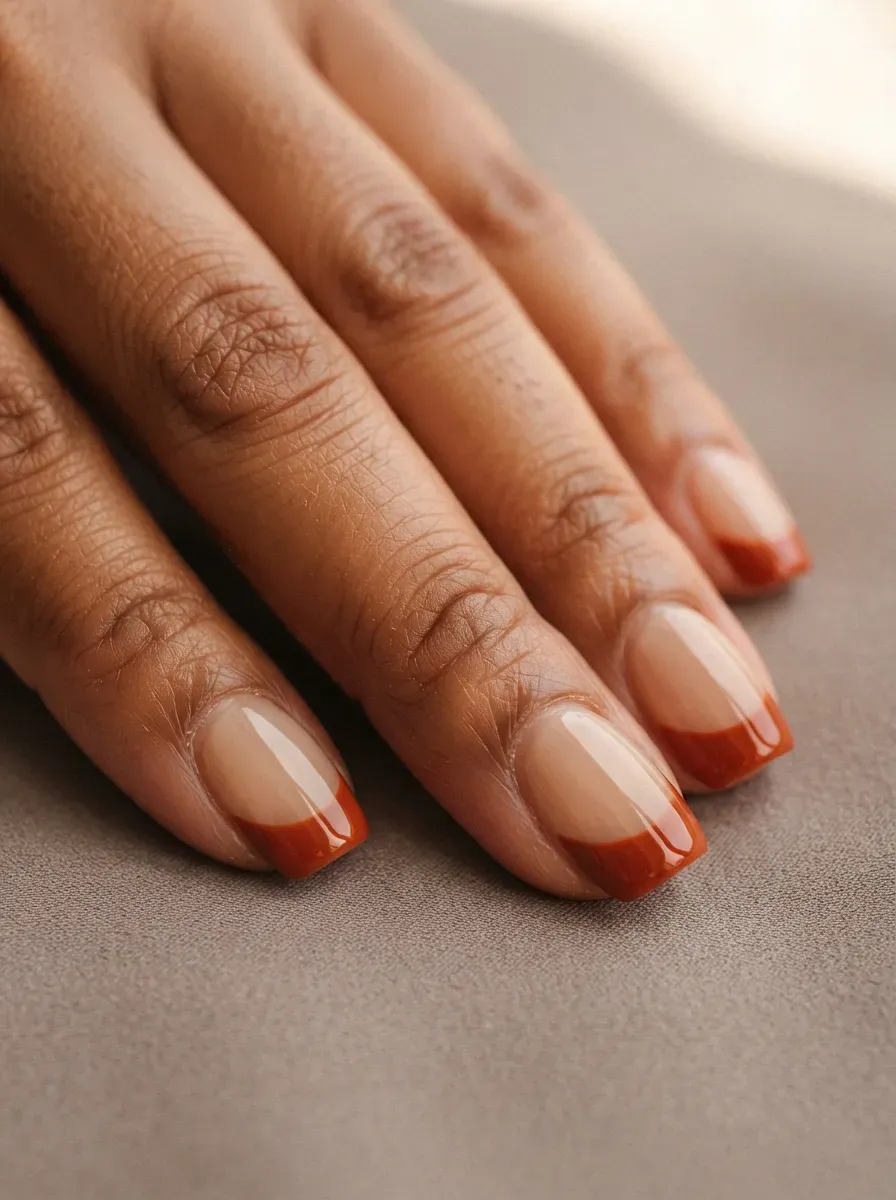Medium squoval nails with glossy burnt sienna French tips and beige bases