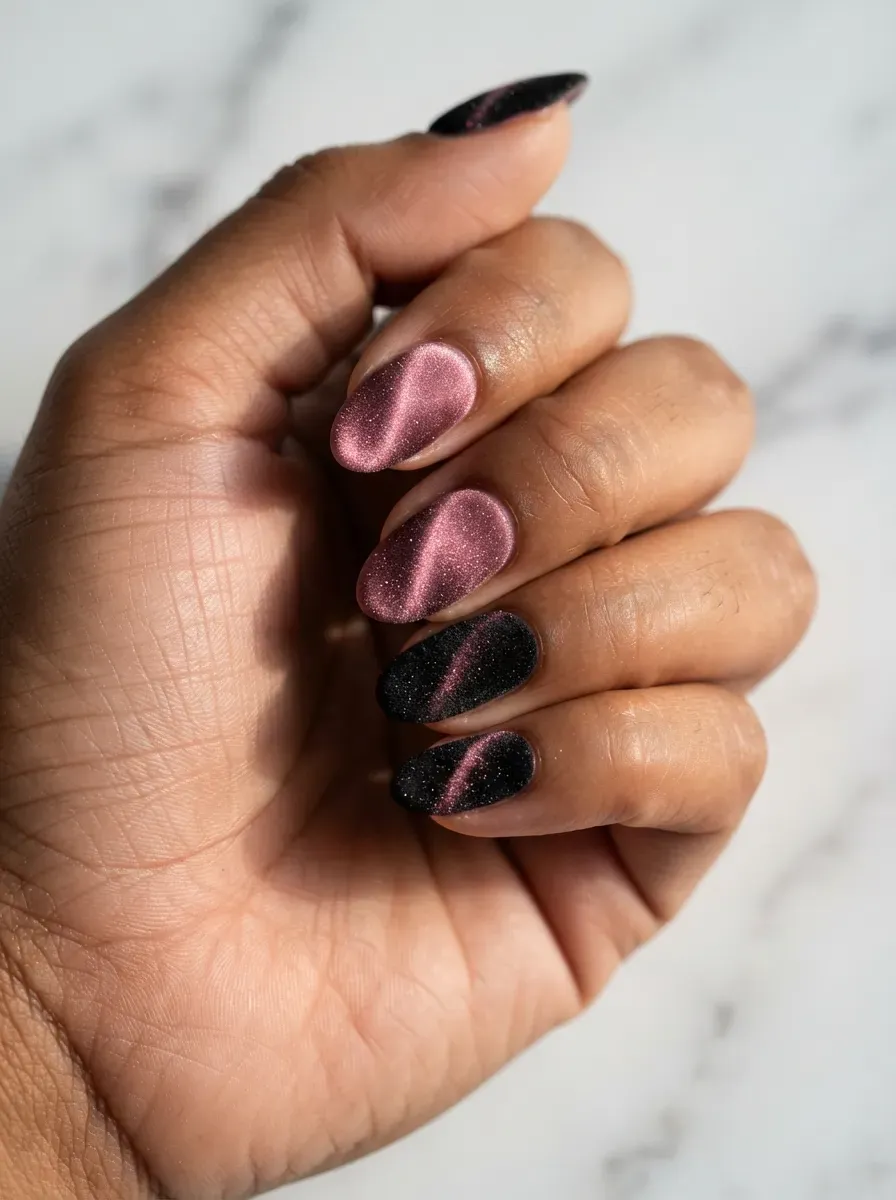Close-up of candy pink coffin nails with black dagger details