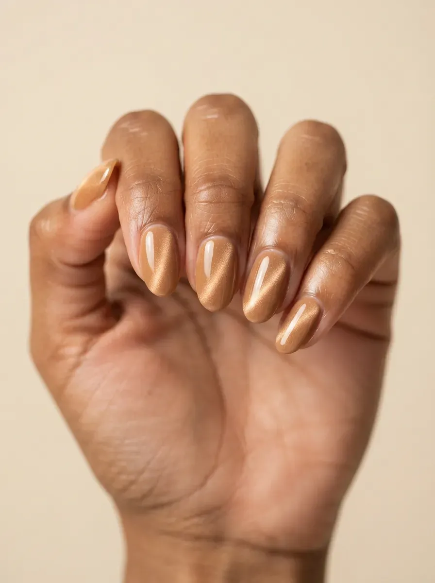 Short almond nails in caramel cat-eye polish with glowing magnetic centers
