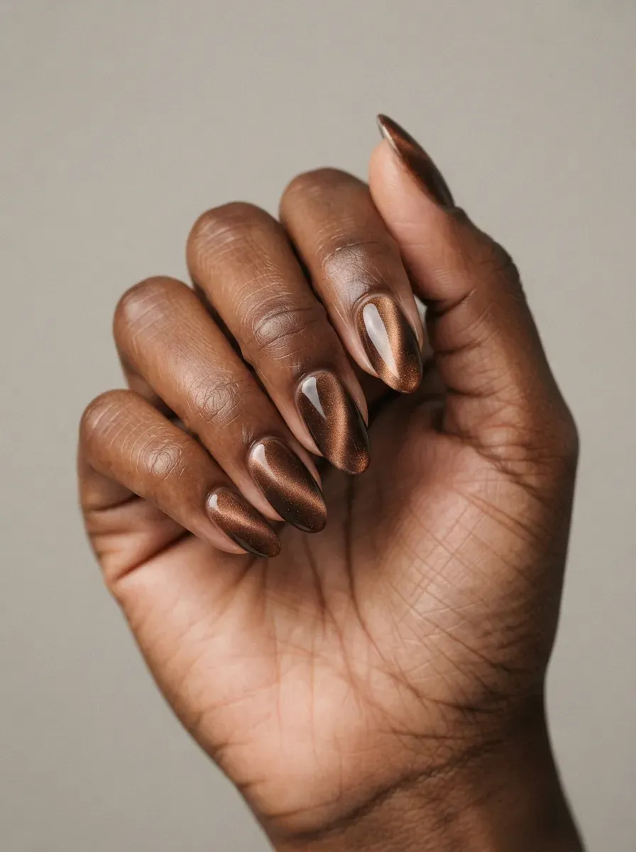 Caramel and espresso nails with blended magnetic cat-eye shimmer