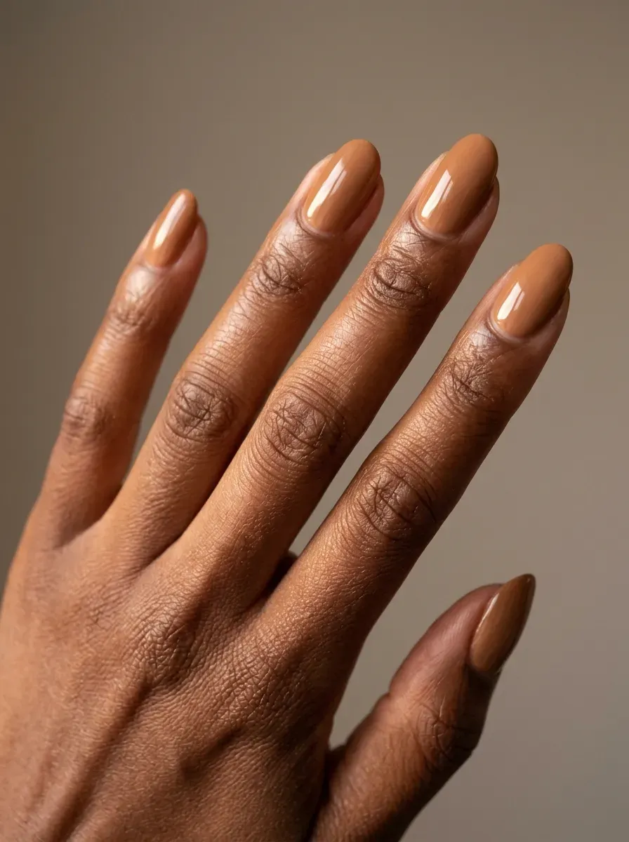 Medium oval nails painted warm caramel latte brown with glossy finish