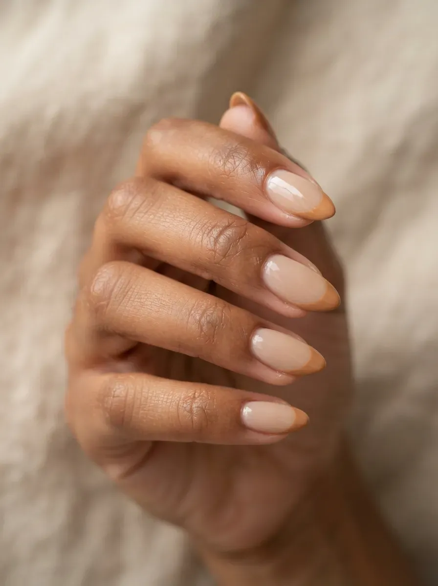 Short almond nails with caramel nude French tips on brown skin with warm undertones
