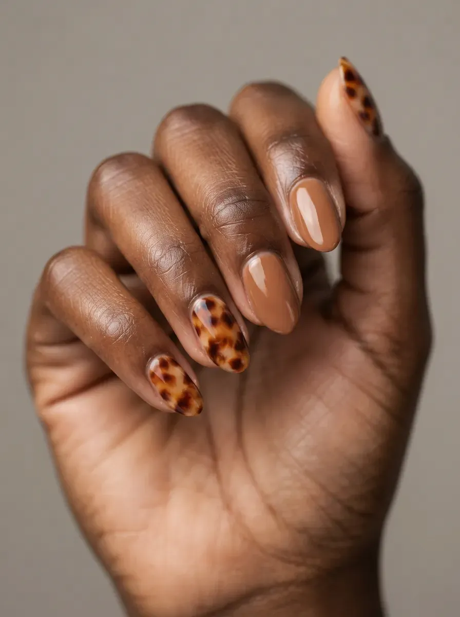 Short almond nails with caramel tortoiseshell accent nails on deep brown skin
