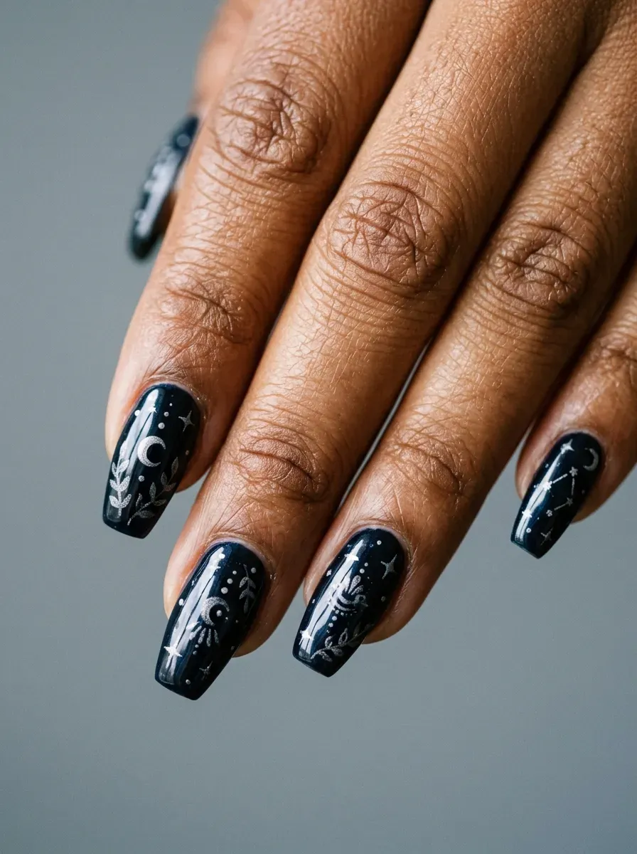 Navy black nails with tiny crescent moons and dark silhouette details