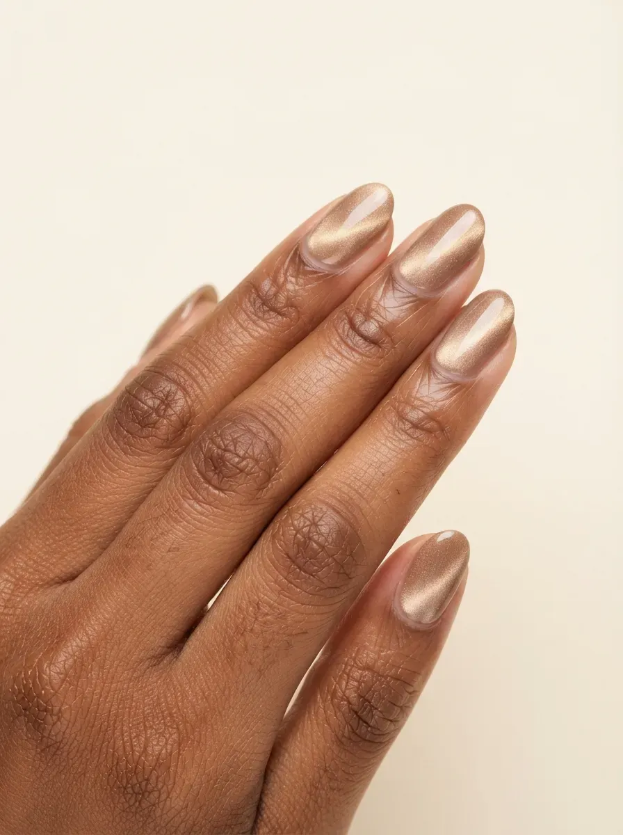 Champagne brown nails with soft golden magnetic cat-eye highlights