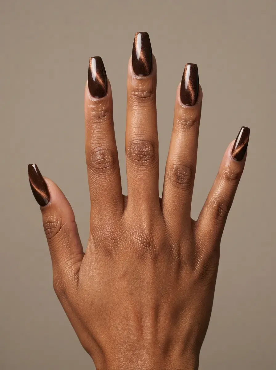 Chocolate nails with rich bronze magnetic cat-eye highlights