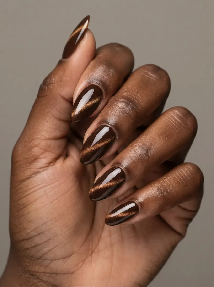 Chocolate brown almond nails with luminous magnetic cat-eye shimmer