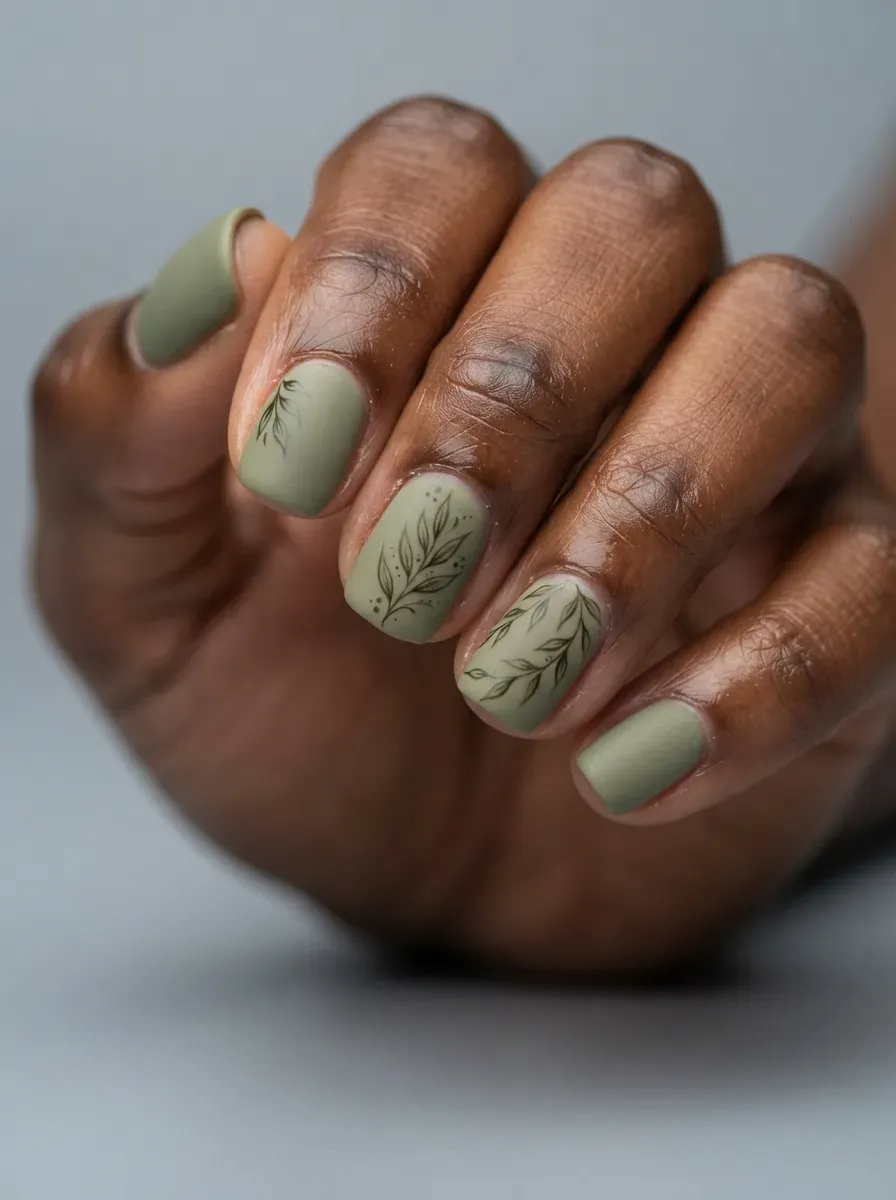 Short almond nails covered in glossy chocolate brown polish on rich dark skin