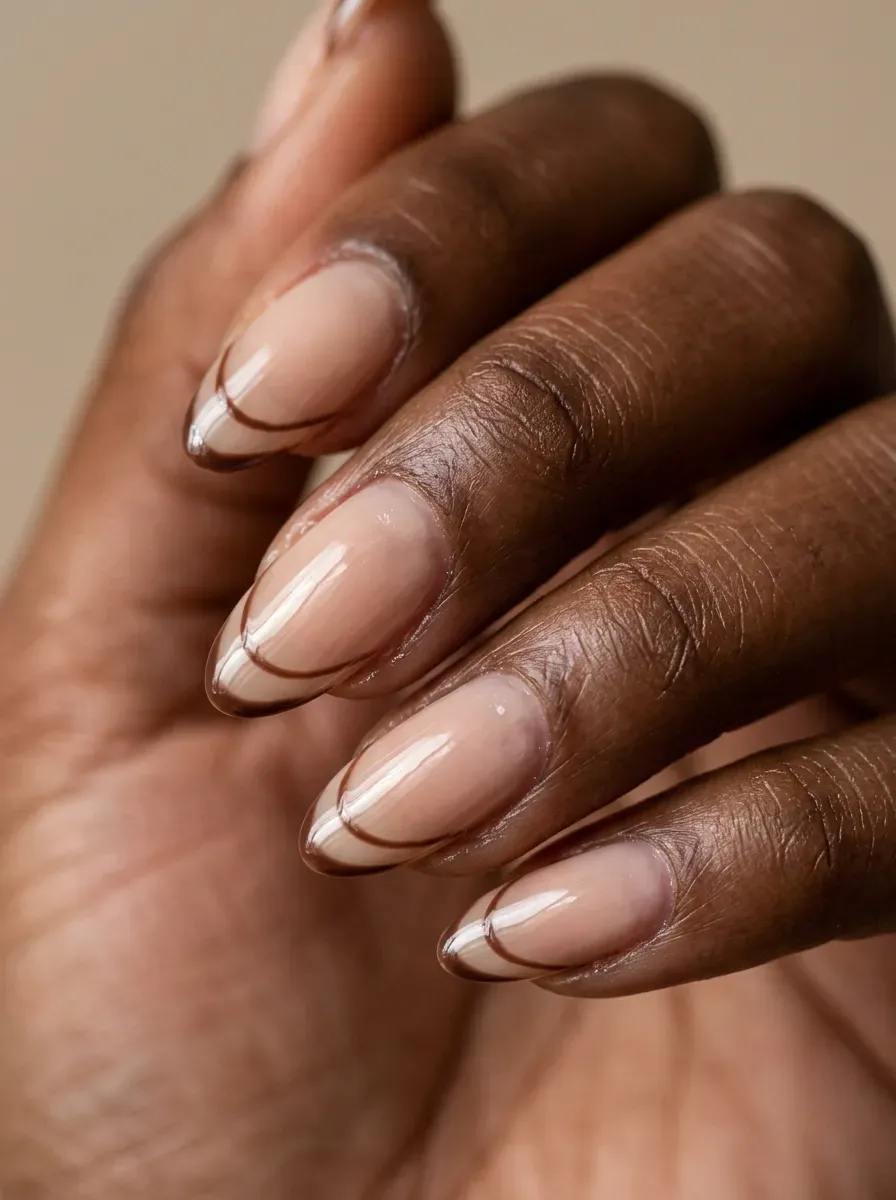 Long almond nails fading from nude bases into soft chocolate brown tips