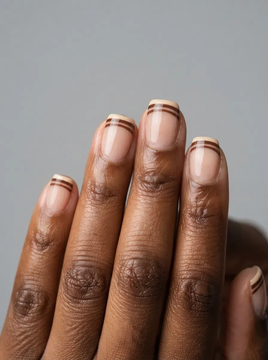 Short squoval nails with chocolate and cream double French tips