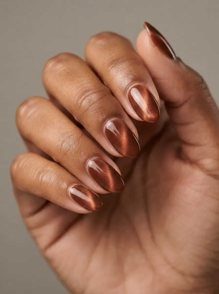 Cinnamon brown nails with soft copper magnetic cat-eye shimmer