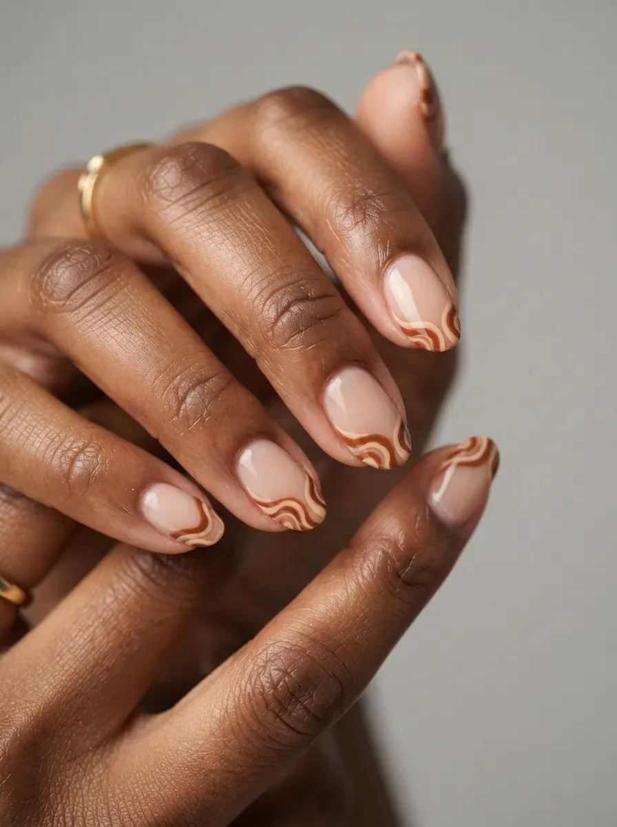 Short almond nails with cinnamon and cream swirling French tips