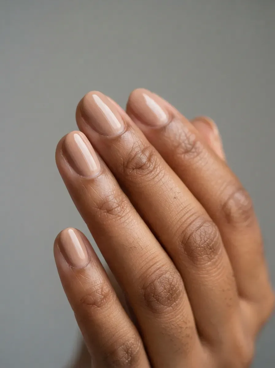 Close-up of short oval nails in glossy bare nude polish on warm brown skin