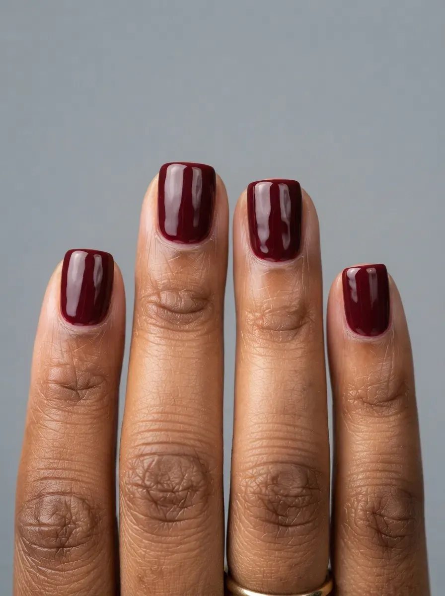 Short square nails with glossy classic burgundy polish on warm brown skin