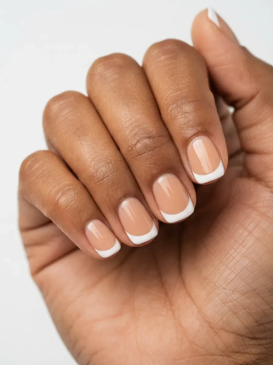 Close-up of short nails with nude base and white french tips on warm brown skin