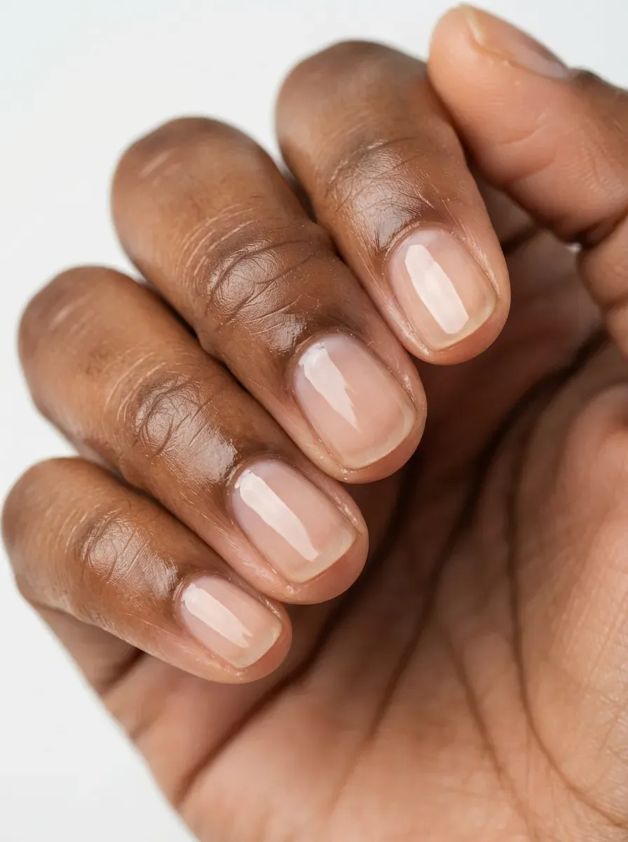 Close-up of short natural nails with clear high-gloss top coat on brown skin