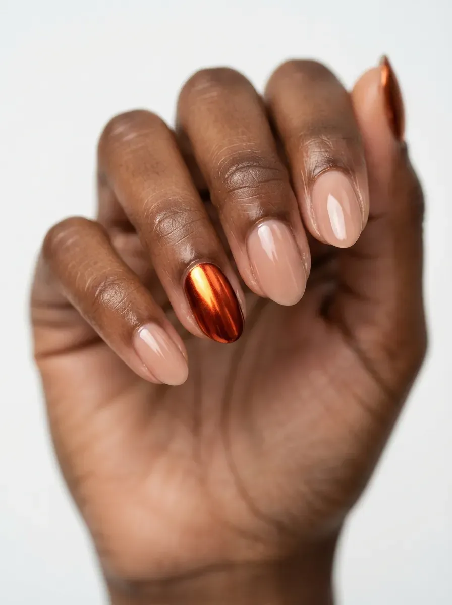 Short squoval nails with cocoa brown French tips and cream dot accents