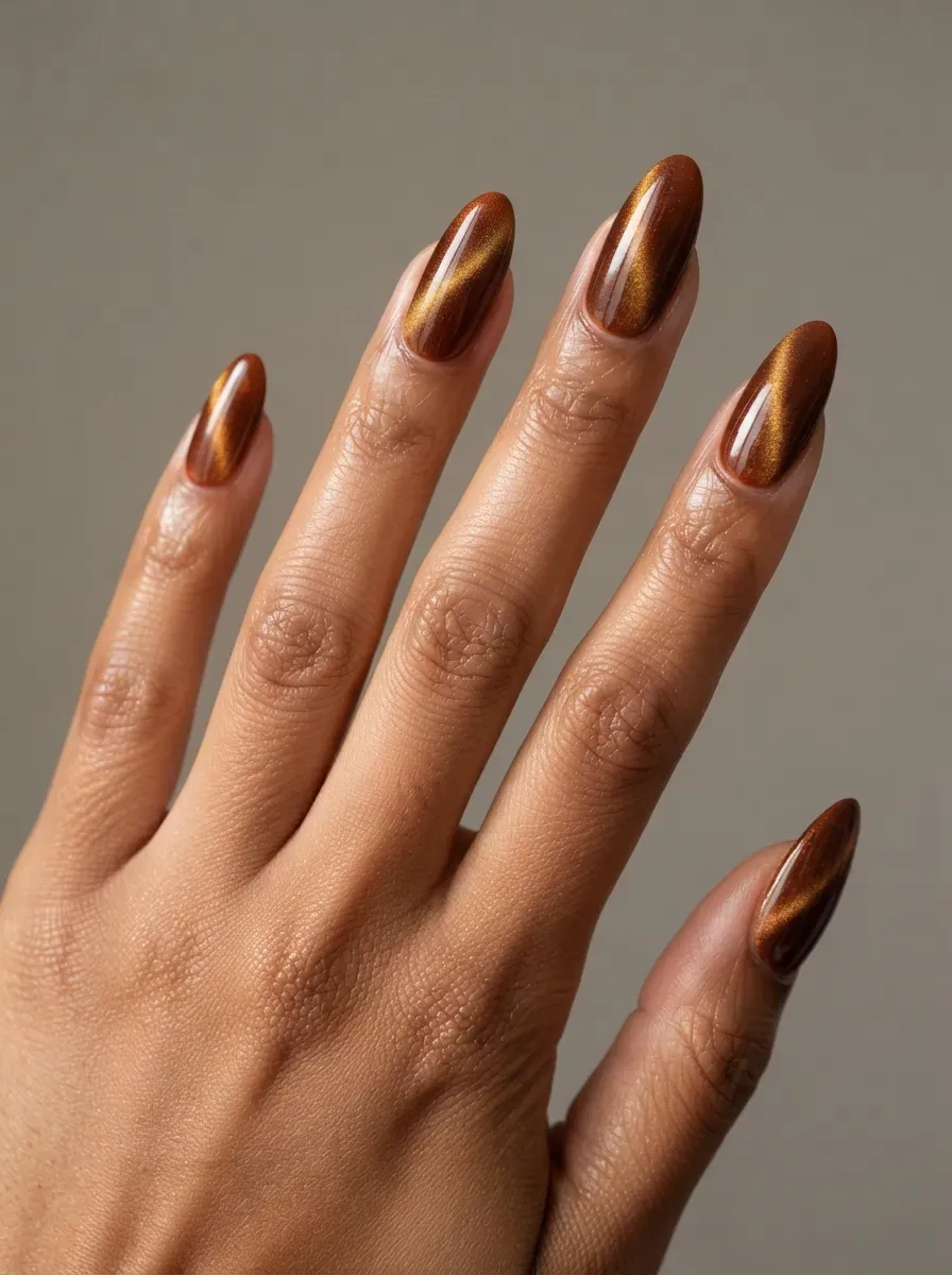 Dark coffee brown nails with subtle caramel magnetic cat-eye highlights