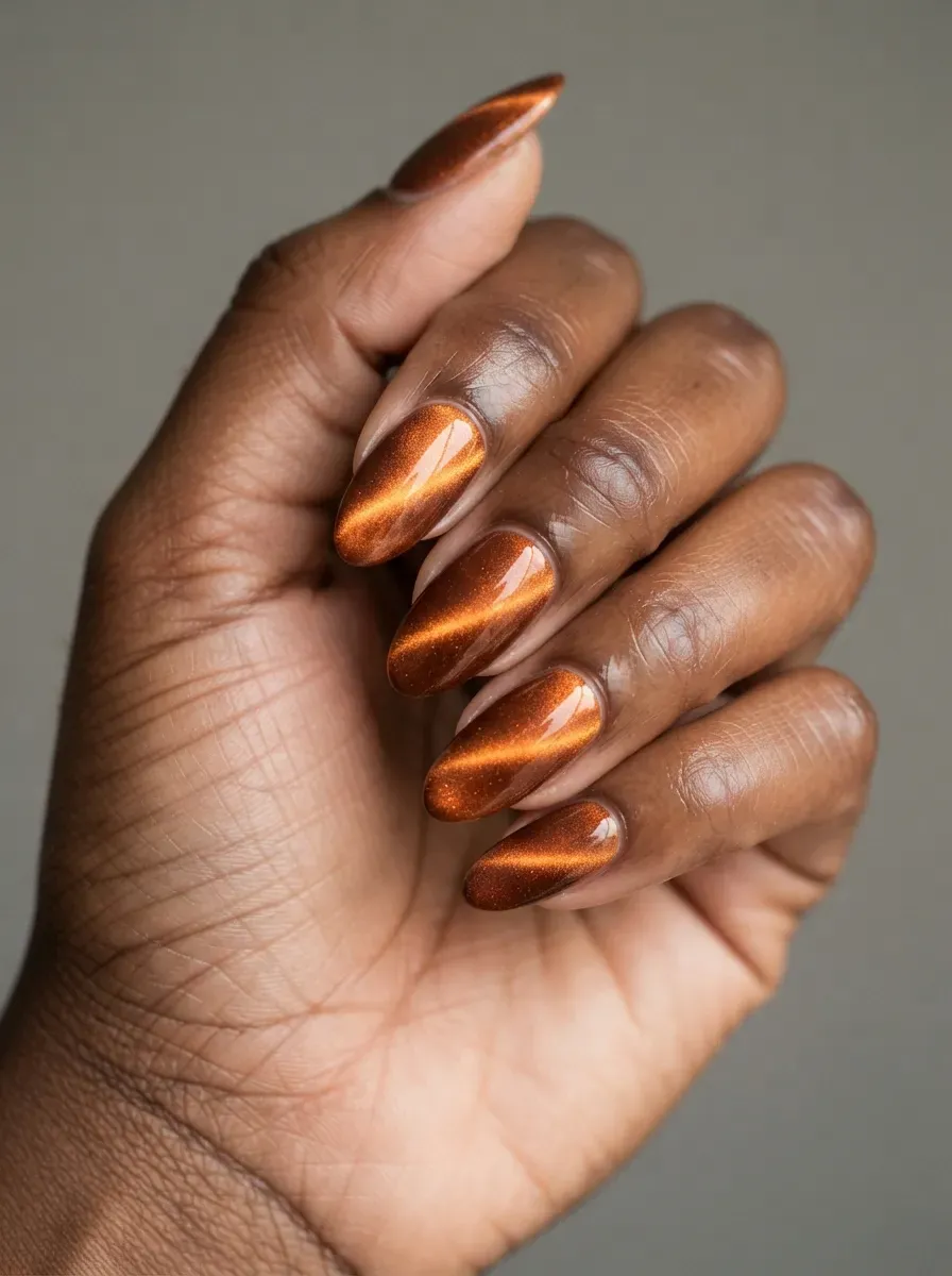 Copper almond nails with bright magnetic cat-eye reflections