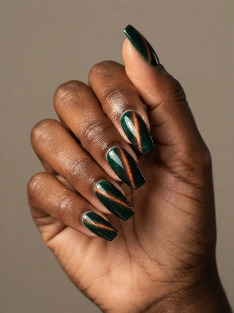 Deep green nails with copper magnetic cat-eye flashes