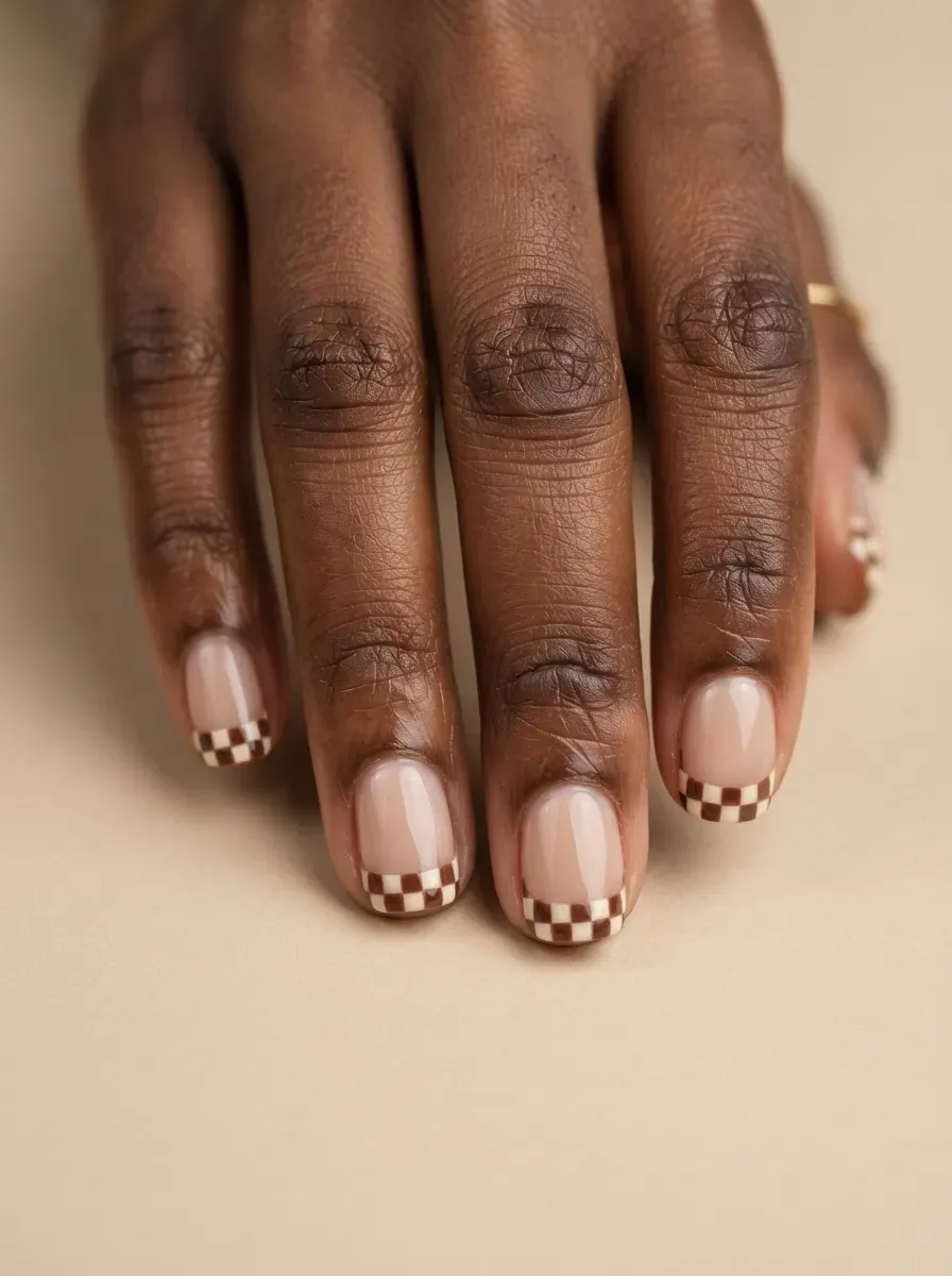 Short squoval nails with cream and brown checkerboard French tips on dark skin