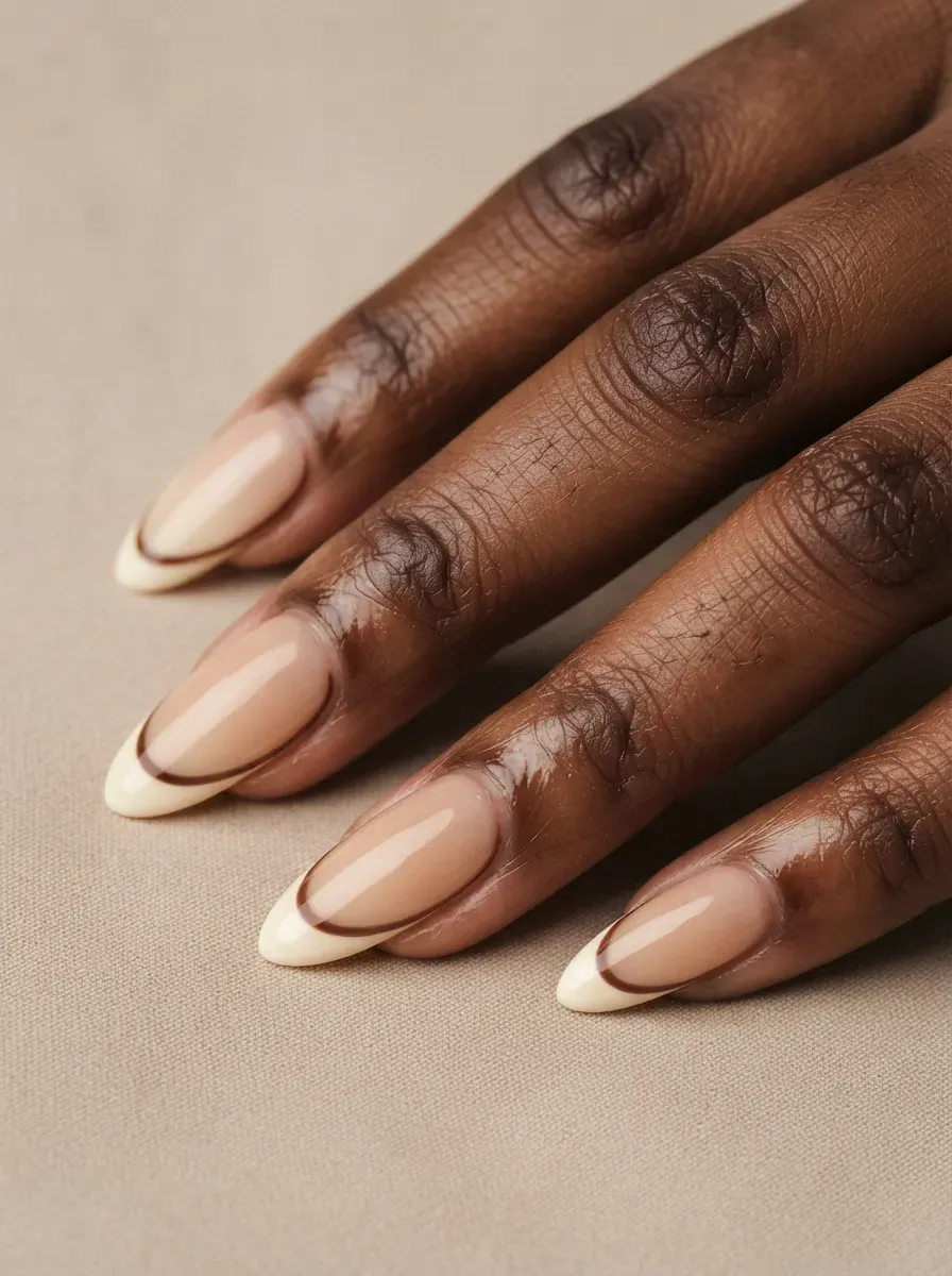 Long almond nails with creamy French tips outlined by thin brown lines