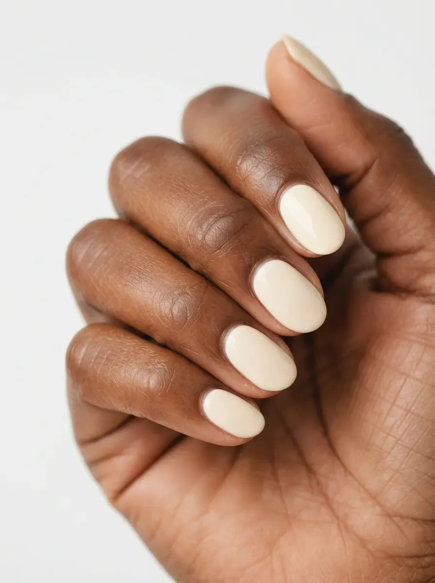 Close-up of short oval nails in cream ivory creme polish on deep chestnut skin