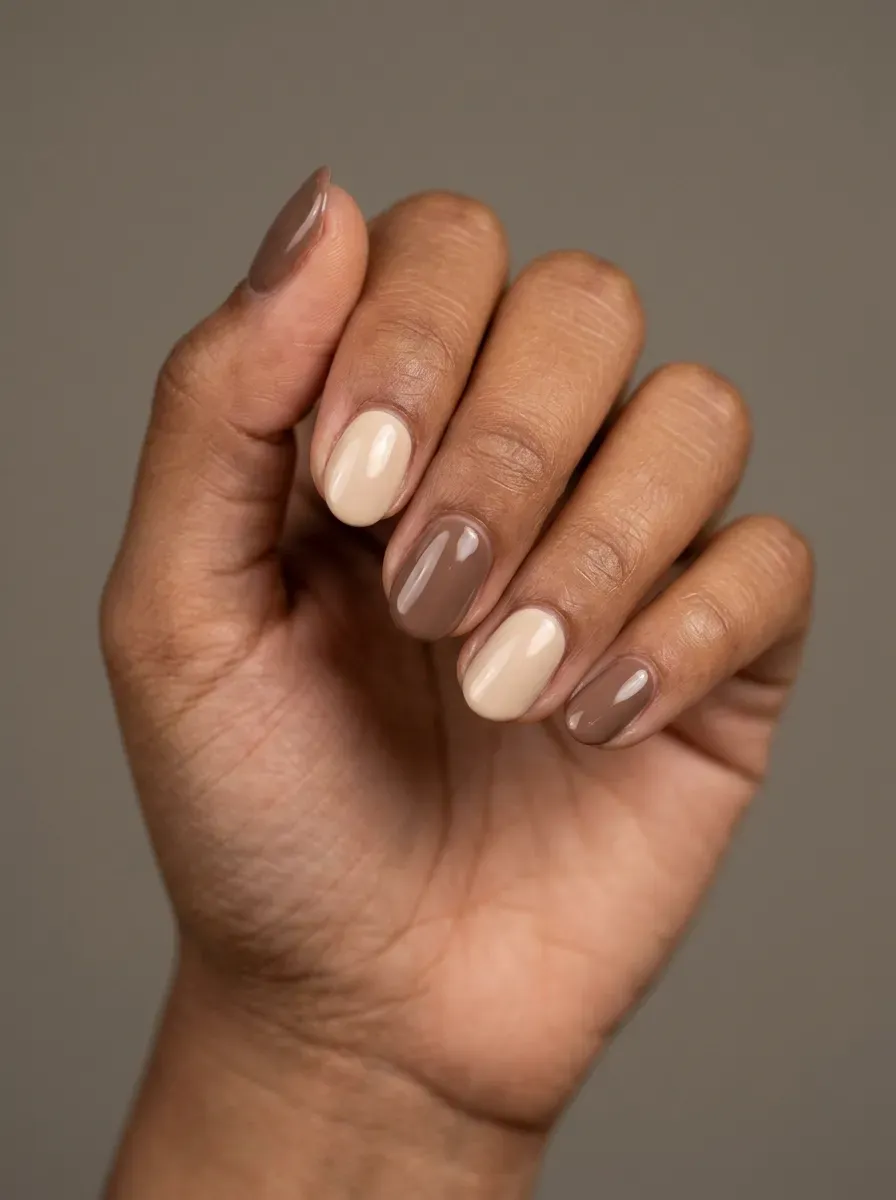 Short oval nails alternating creamy beige and mocha brown polish shades