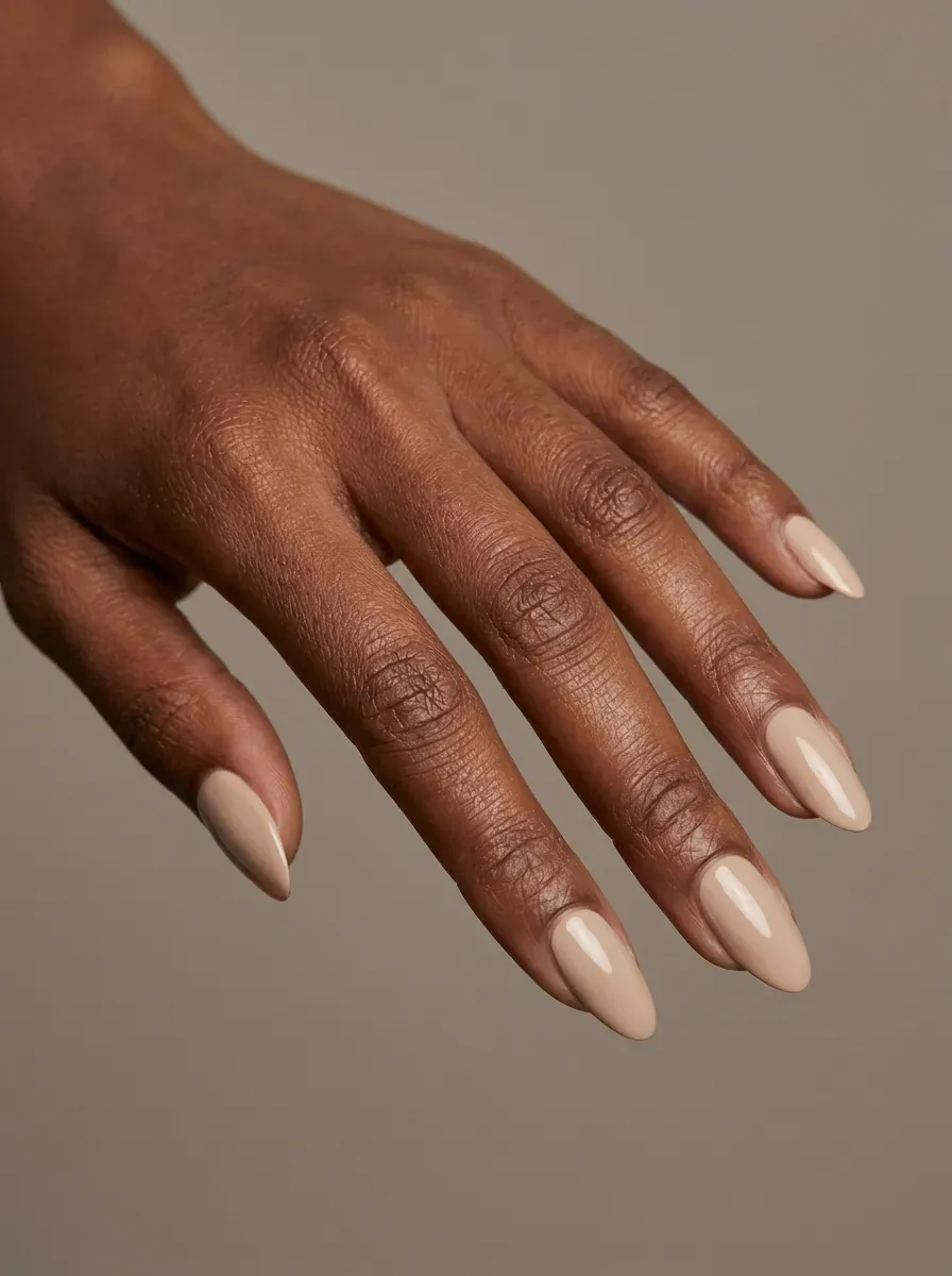 Medium almond nails painted creamy beige with glossy neutral finish on brown skin