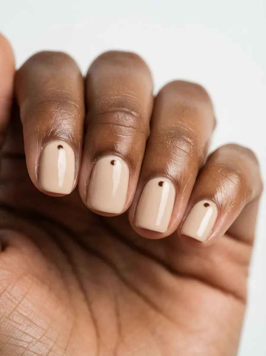 Short squoval nails with creamy beige polish and brown dot accents