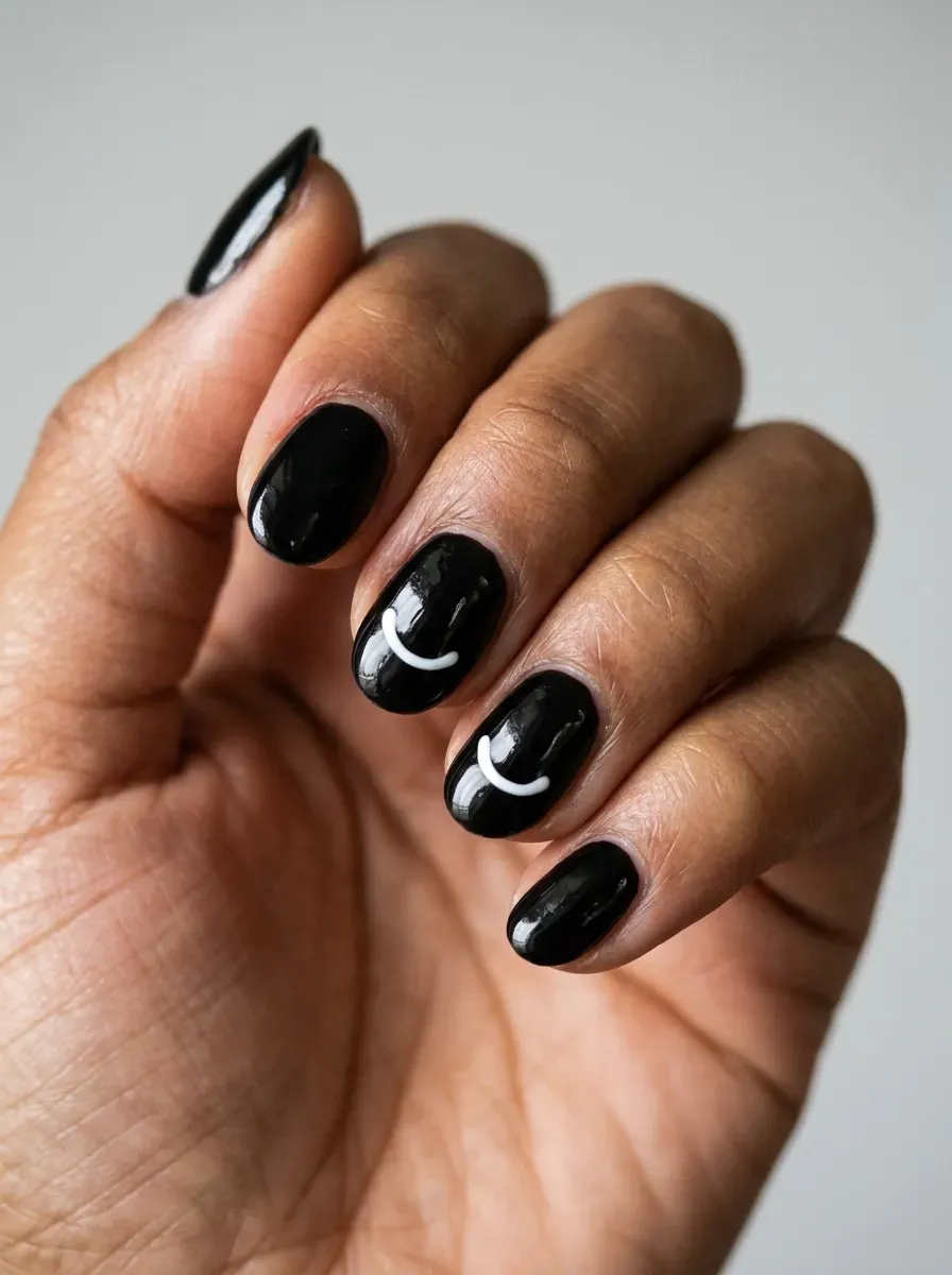 Glossy black nails with tiny white eerie smile accents on dark skin