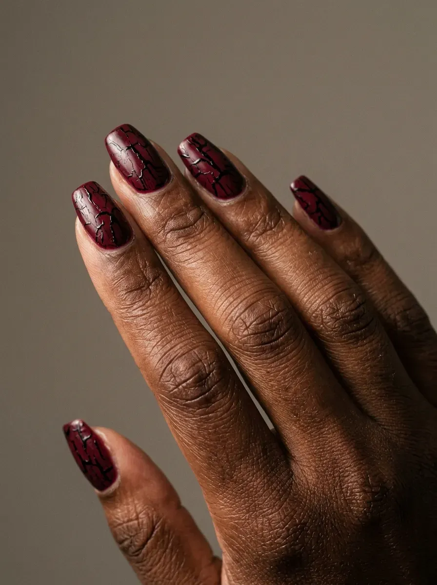 Deep crimson nails with black crackle details and glossy dramatic finish