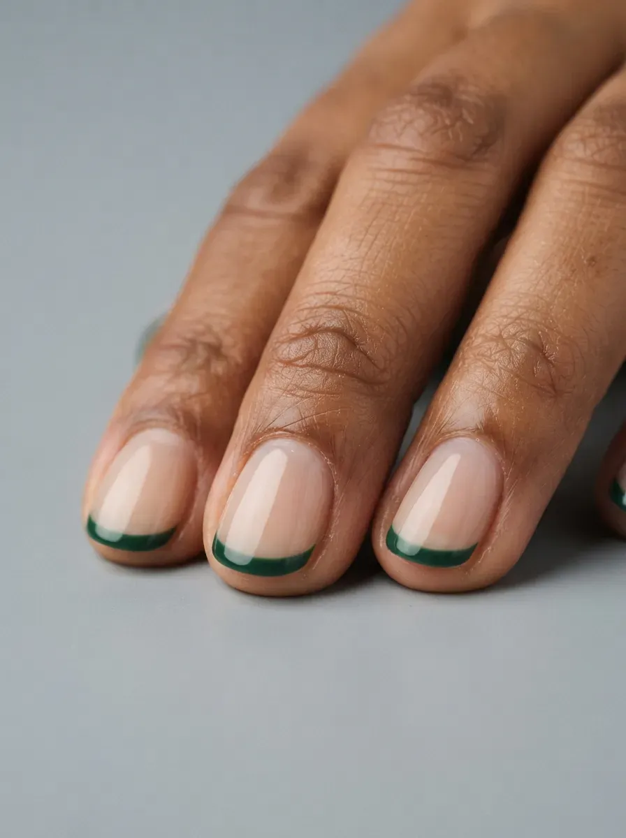 Short rounded nails with dark green micro French tips over sheer nude polish