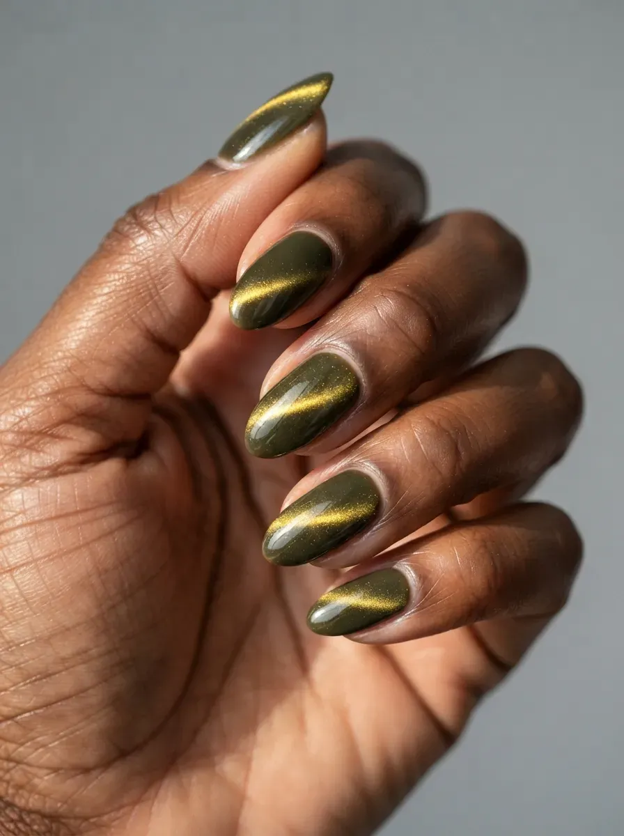 Dark olive nails with luminous gold magnetic cat-eye flashes