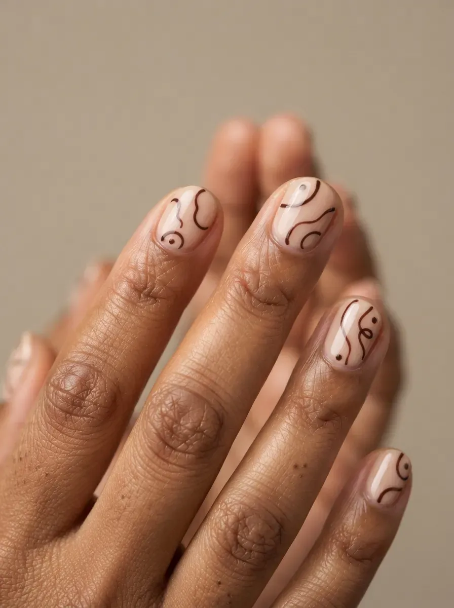 Short rounded nails with deep brown abstract line art over creamy nude polish