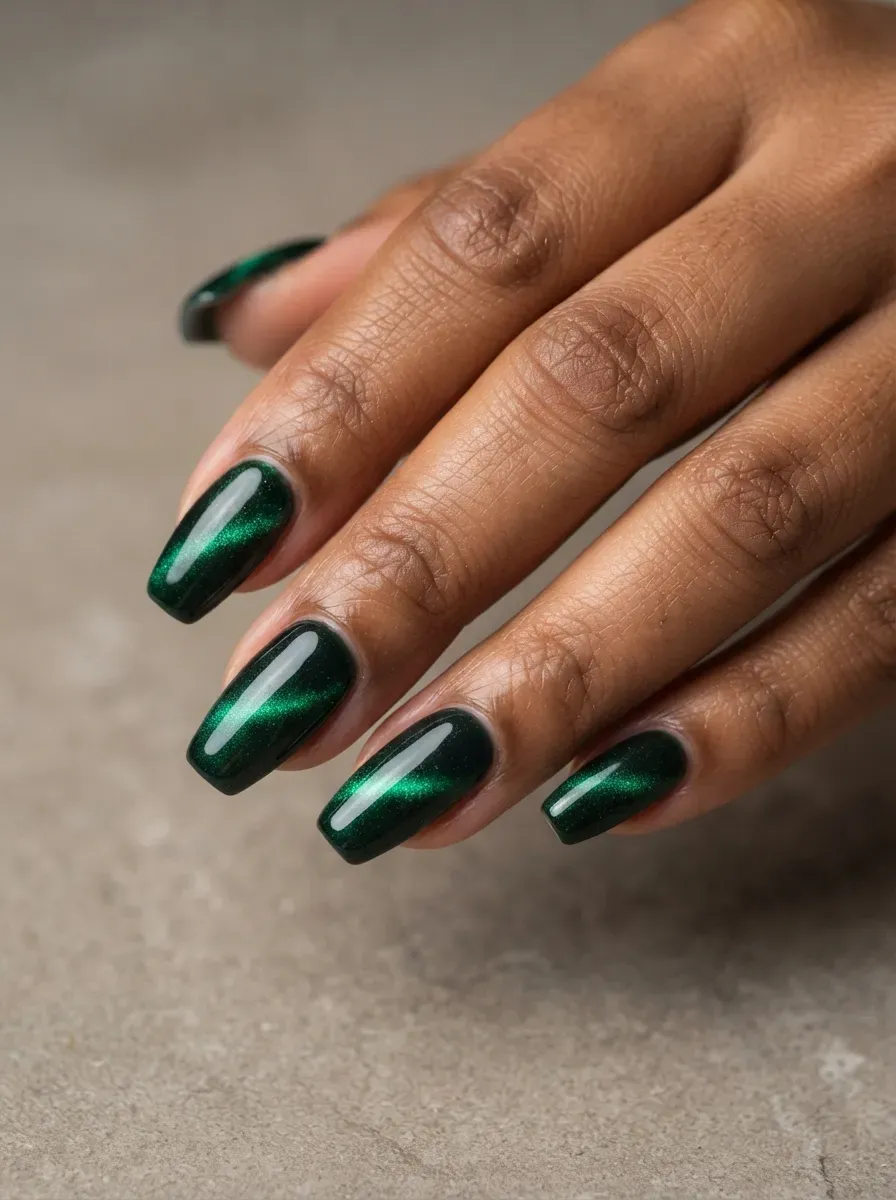 Deep forest green nails with emerald magnetic cat-eye highlights