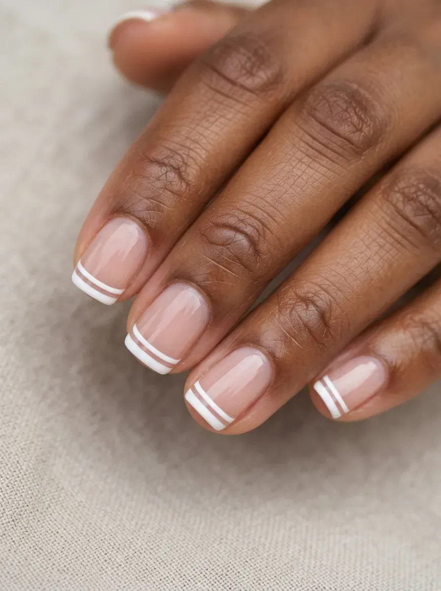 Close-up of short squoval nails with double white french lines on brown skin