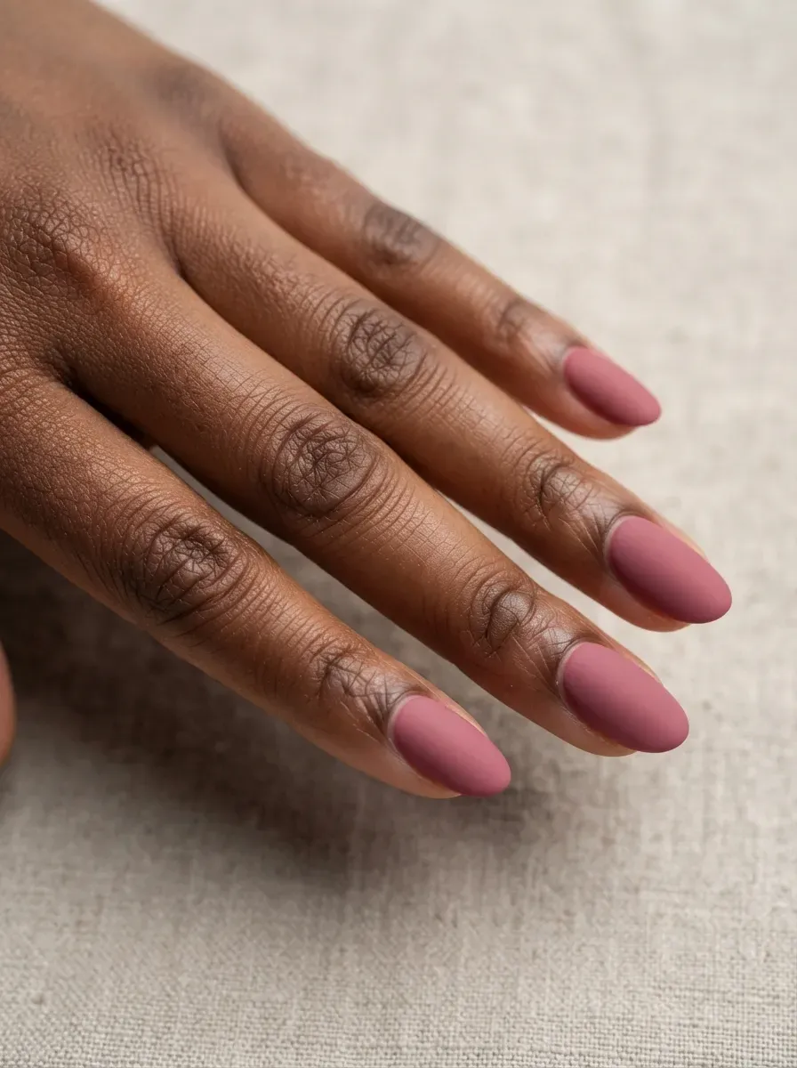 Close-up of short almond nails in dusty rose matte polish on deep chestnut skin