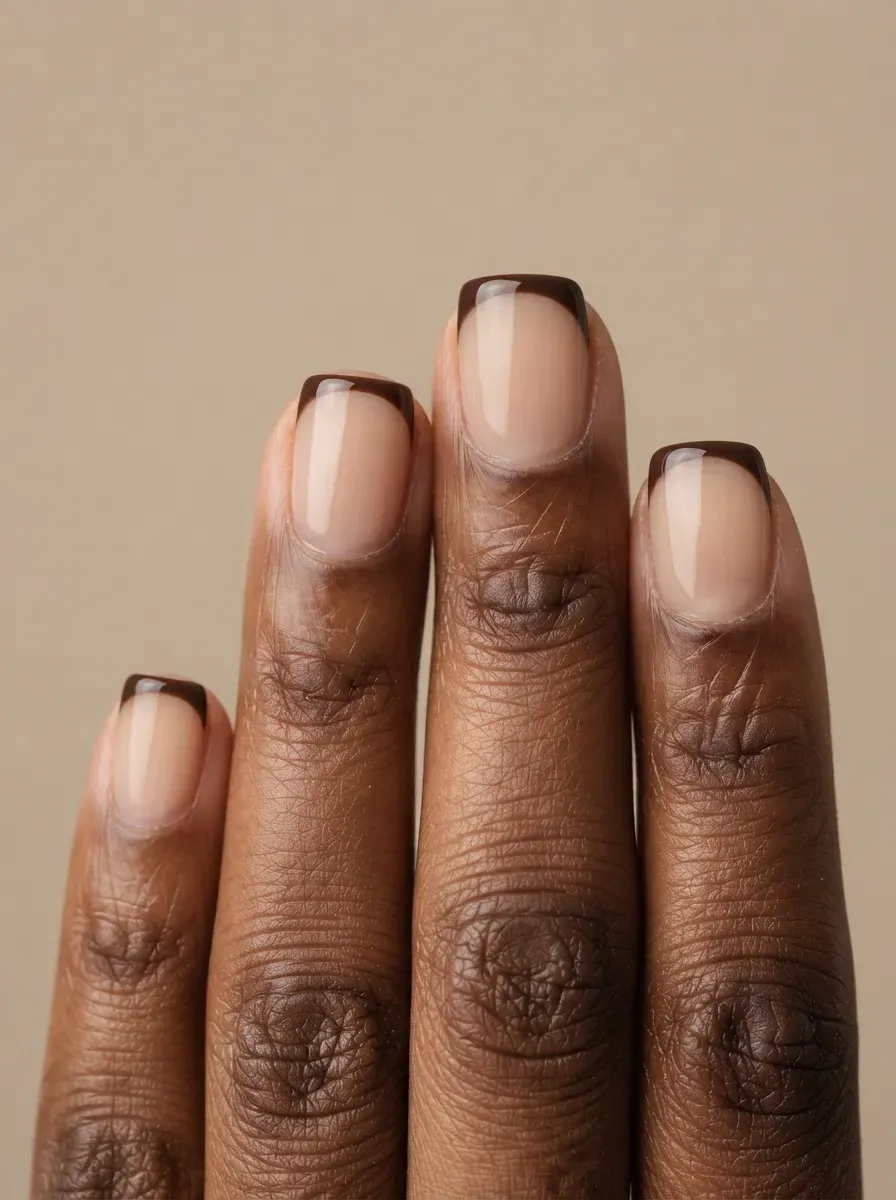 Short squoval nails with espresso brown micro French tips on deep brown skin