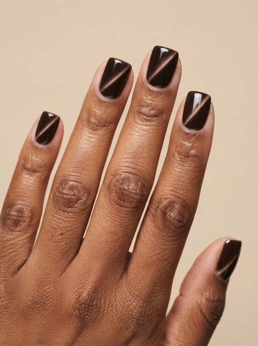Short espresso brown nails with sleek magnetic cat-eye highlights