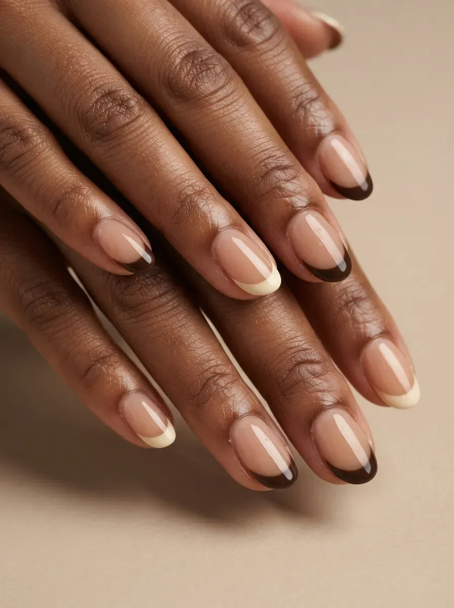 Oval nails with espresso brown and creamy ivory French tip accents
