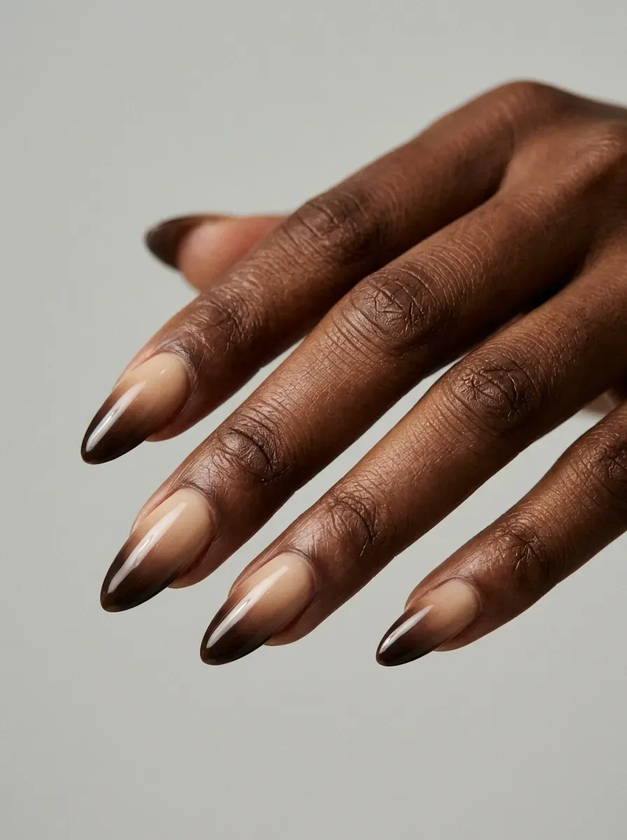 Long almond nails blending creamy beige into deep espresso brown tips