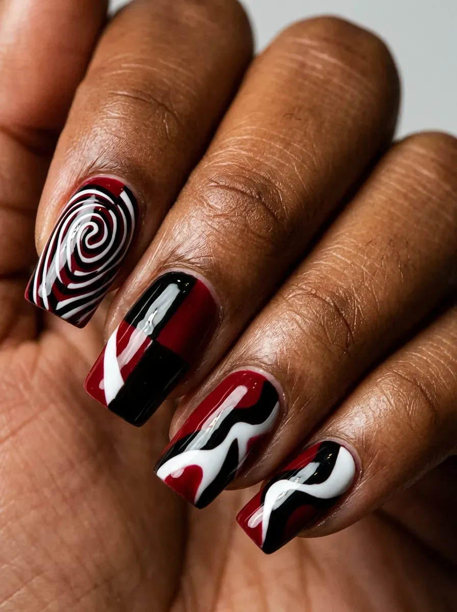 Red black and white graphic nails with unsettling carnival-inspired contrast