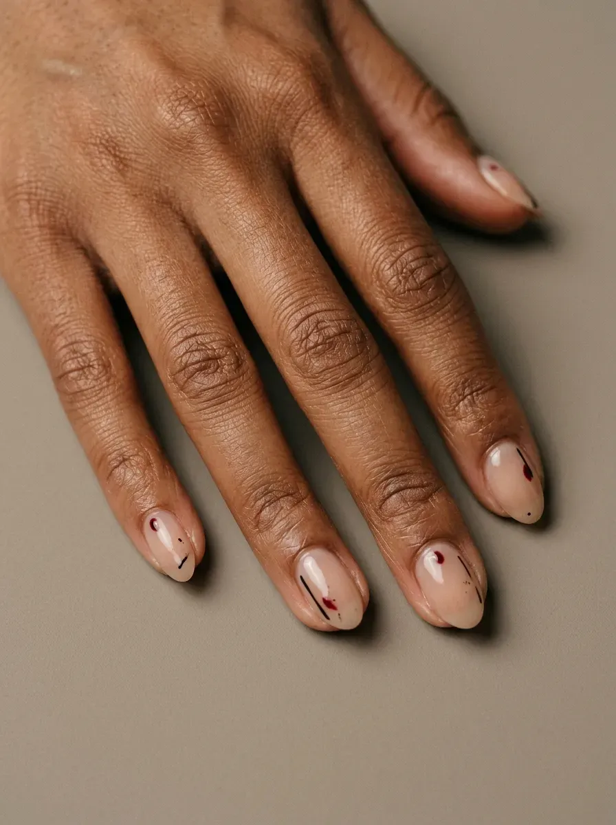 Sheer nude nails with thin black and red minimalist horror accents