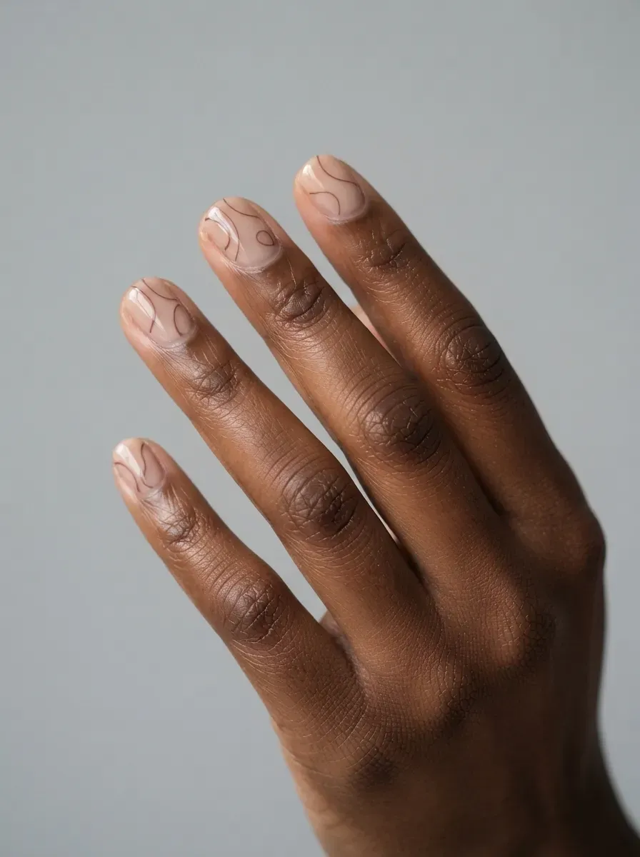 Close-up of short nails with fine nude line art on sheer base