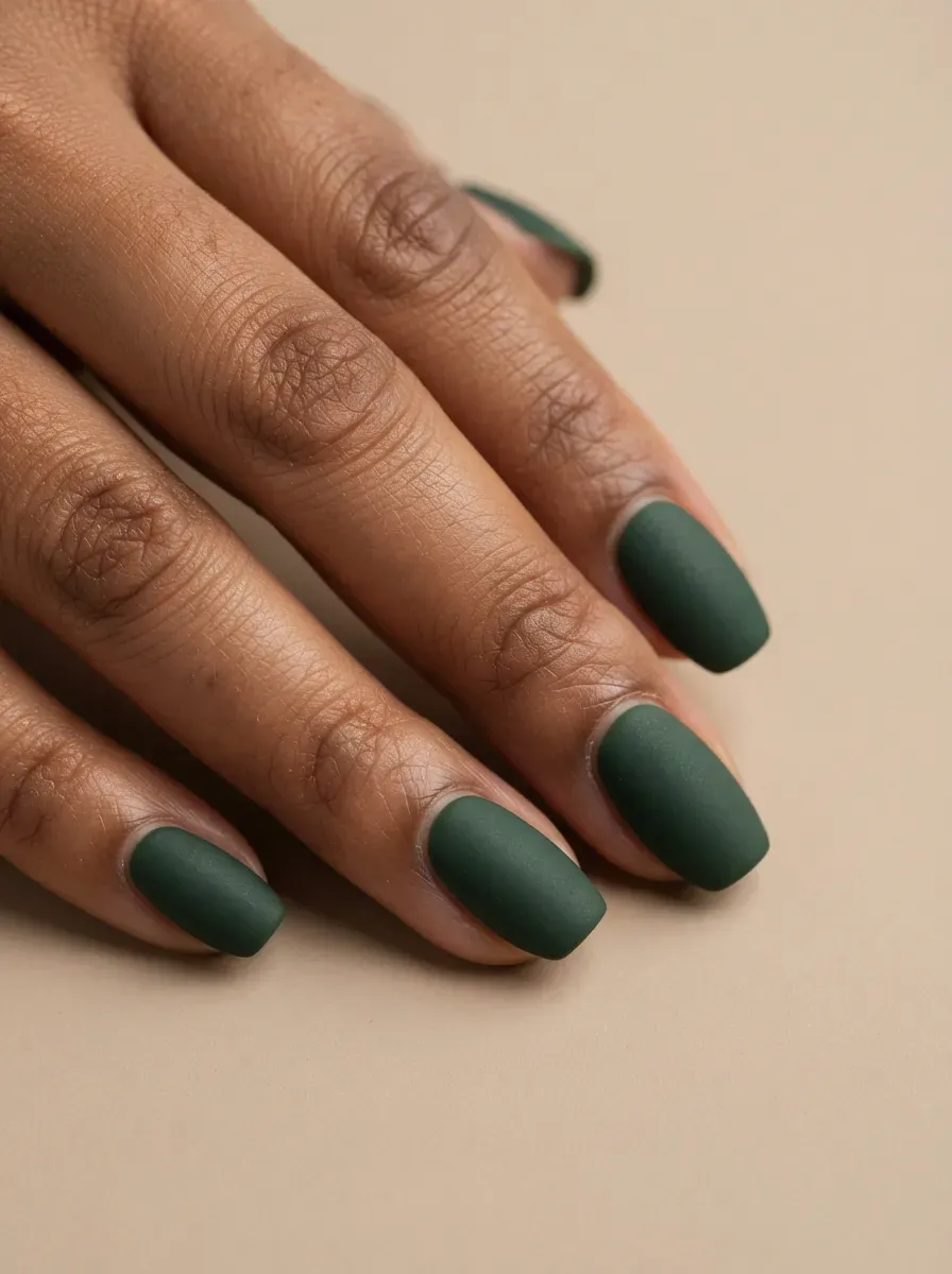 Short coffin nails with matte forest green polish on warm brown skin